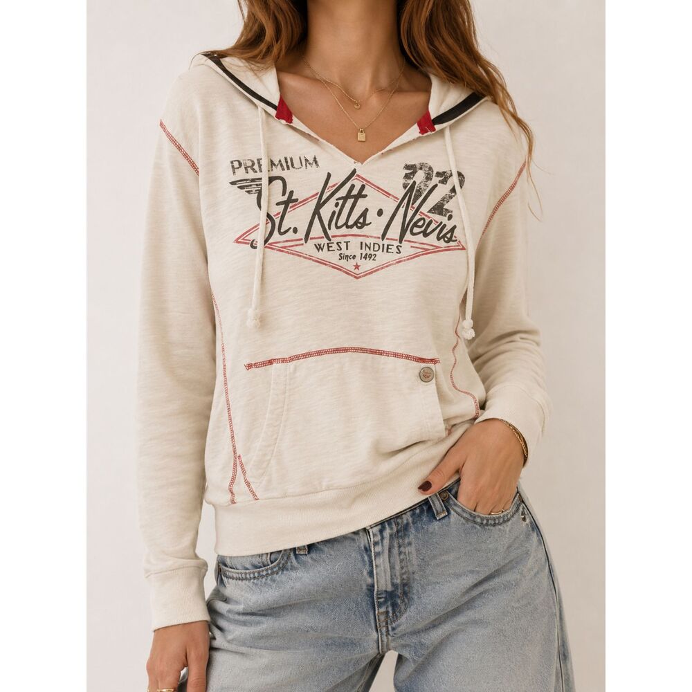Premium 51 St Kitts Nevis Hoodie Small Cream Red Y2K Coastal Graphic Pullover
